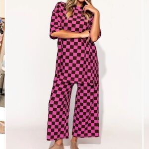 Dressed in LaLa Lex Ribbed Checkerboard Playsuit in Sunset Boulevard Pink+Brown